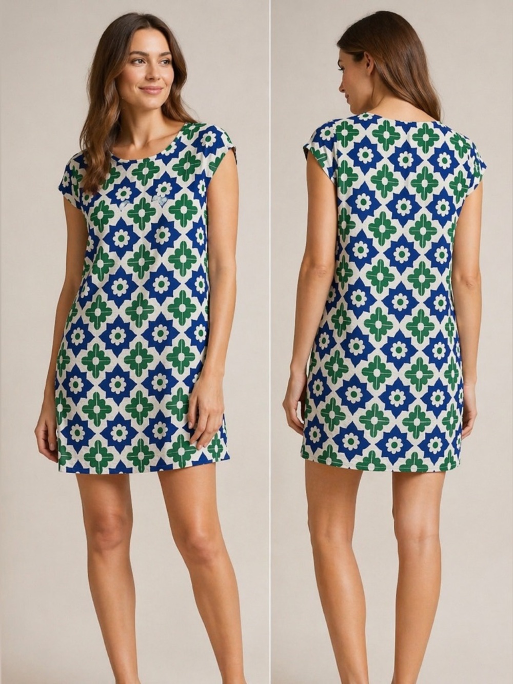 Boden Printed Shift Dress Blue Green Floral Geo Pocket Dress US 6